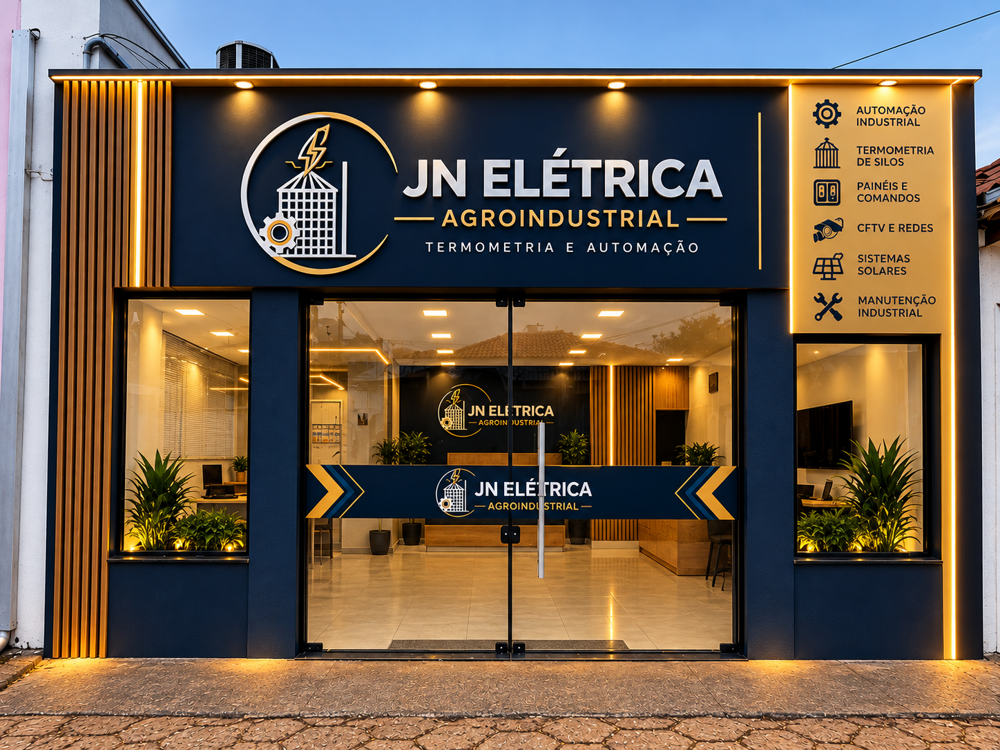 Projeto visual da fachada do escritório e oficina de painéis da JN Elétrica